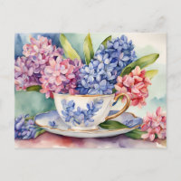 Watercolor Hyacinth Flowers in a Vintage Teacup