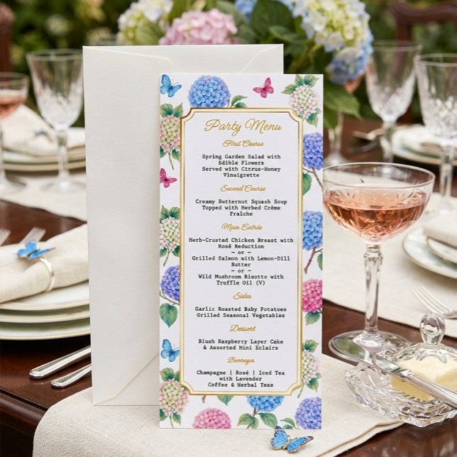 Watercolor Hydrangea and Butterfly Garden Party  Menu (Creator Uploaded)