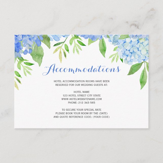 Watercolor Hydrangea Blue Floral Accommodations Enclosure Card (Front)