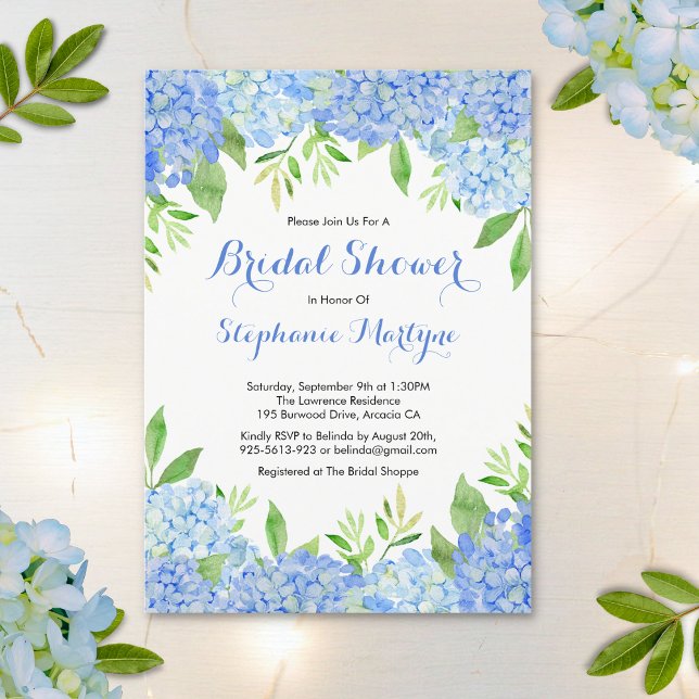 Watercolor Hydrangea Blue Floral Bridal Shower Invitation (Creator Uploaded)