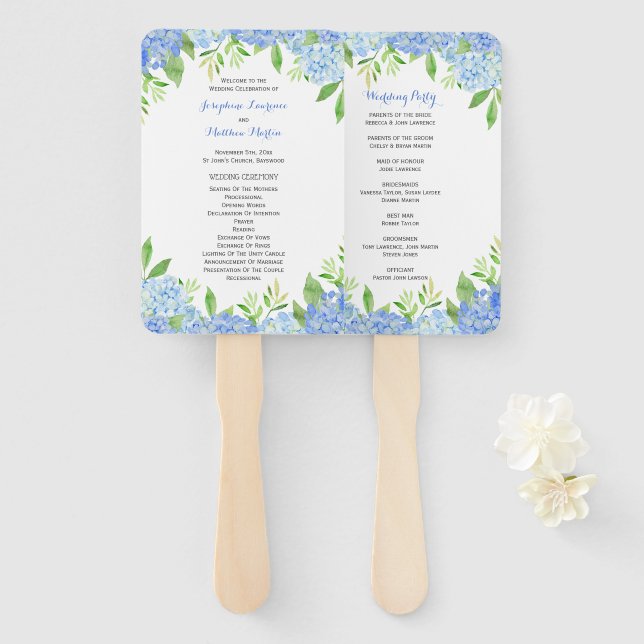 Watercolor Hydrangea Blue Floral Ceremony Hand Fan (Front and Back)