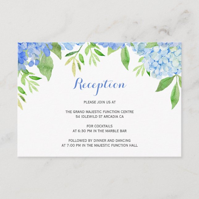 Watercolor Hydrangea Blue Floral Wedding Reception Enclosure Card (Front)