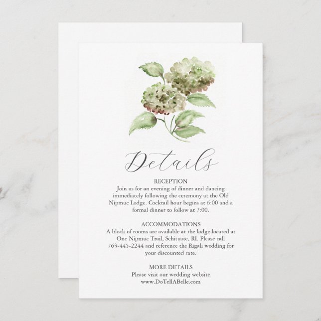 Watercolor Hydrangea Details Card for Wedding (Front/Back)