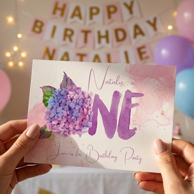 Watercolor hydrangea first Birthday Invitation (Creator Uploaded)