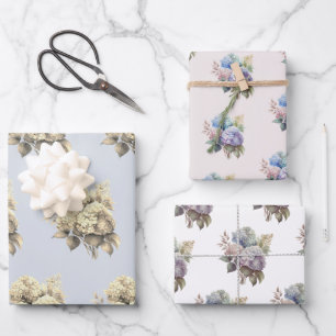 Watercolor Hydrangea Floral Set of 3 Wrapping Paper Sheet
