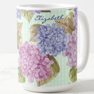 Watercolor Hydrangea Flowers Custom Name Green Mug