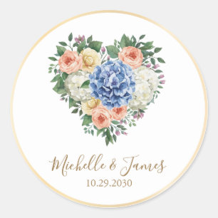 watercolor Hydrangea Rose Floral Wedding Gold Classic Round Sticker