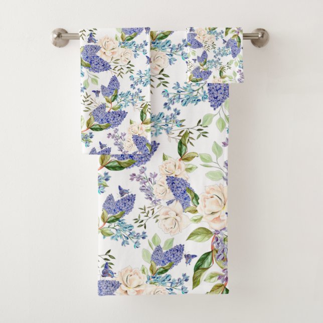 Watercolor Hydrangea & Rose Flowers Bath Towel Set (Insitu)