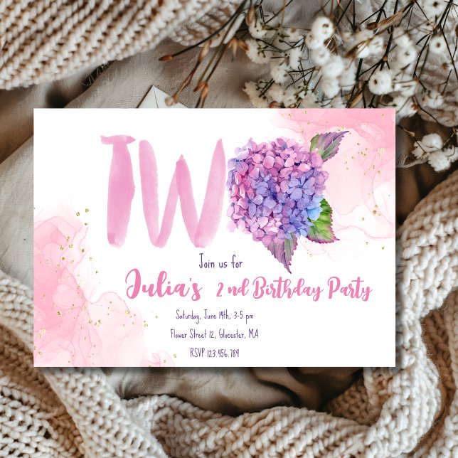 Watercolor hydrangea second Birthday Invitation (Creator Uploaded)