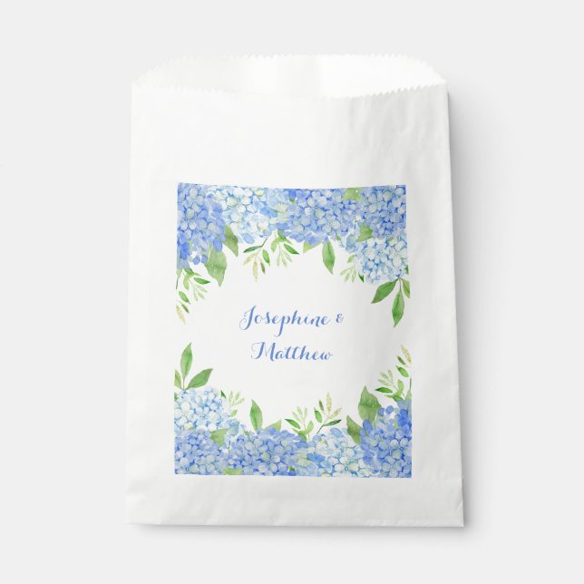 Watercolor Hydrangeas Greenery Blue Floral Wedding Favour Bags (Front)