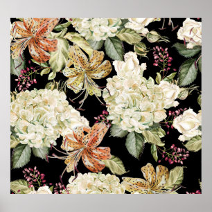 Watercolor Hydrangeas Lilies: Floral Pattern Poster