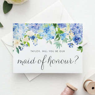 Watercolor Hydrangeas Will You Be My Maid of Honou Invitation Postcard