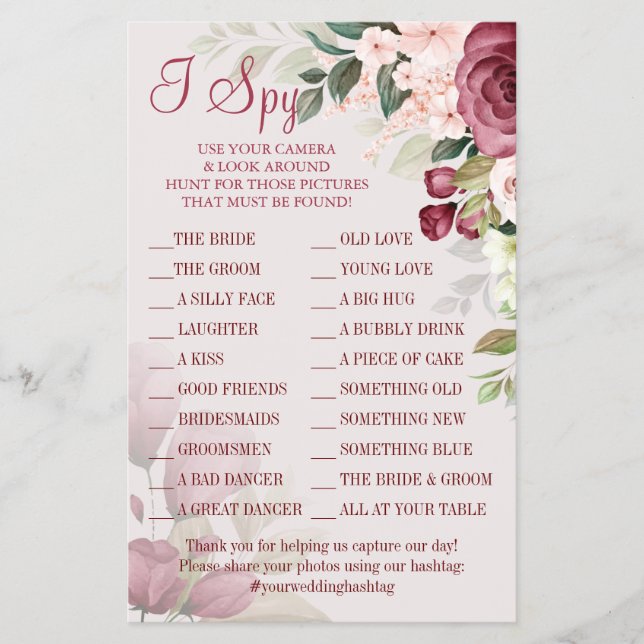 Watercolor I spy wedding reception game card (Front)
