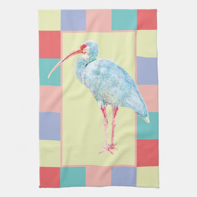 Watercolor Ibis Bird Chequerboard Design Tea Towel (Vertical)