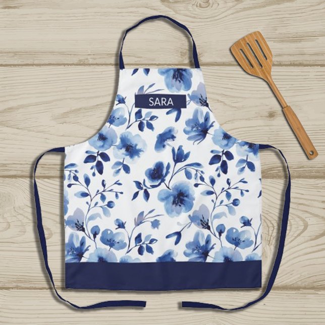 Watercolor Ice Blue Floral Apron (Watercolor Ice Blue Floral Apron, #watercolorfloral #iceblueflowersapron #motherdaygift #wintergift)