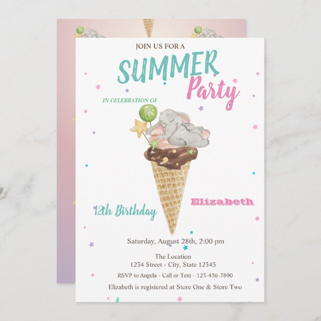 Watercolor Ice cream Baby Elephant Birthday Party Invitation (Front/Back)