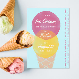 Watercolor Ice Cream Birthday Party Invitation