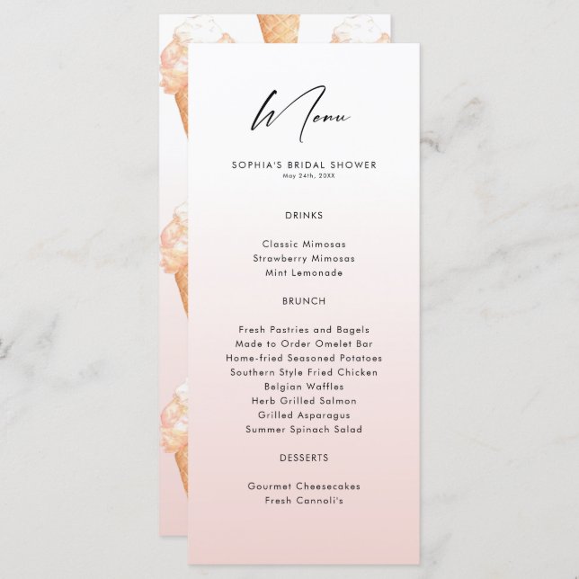 Watercolor Ice Cream Bridal Shower  Menu (Front/Back)