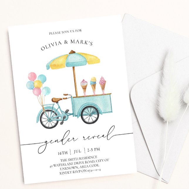 Watercolor Ice Cream Cart Baby Gender Reveal Invitation (Creator Uploaded)