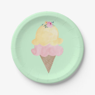 Watercolor Ice Cream Cone Green Paper Plates
