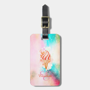 Watercolor Ice Cream Cone Monogram Luggage Tag