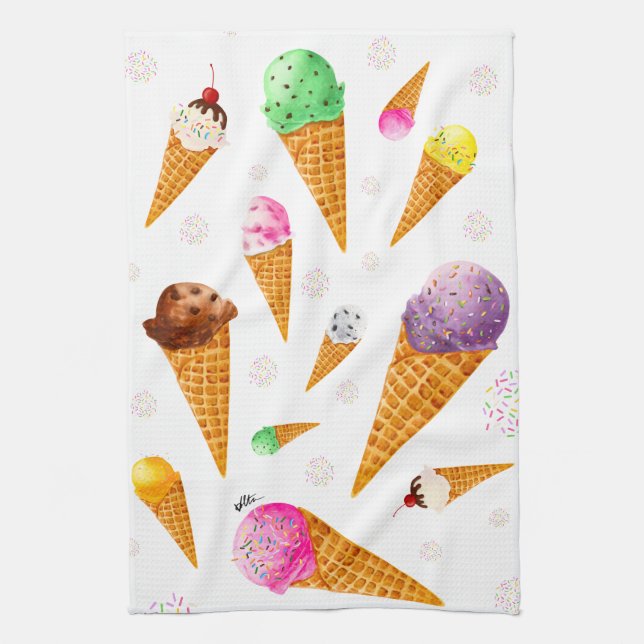 Watercolor Ice Cream Cones Tea Towel (Vertical)