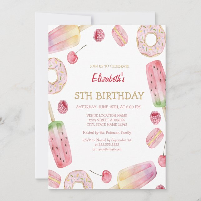 Watercolor Ice cream,Doughnuts Sweets Birthday  Invitation (Front)