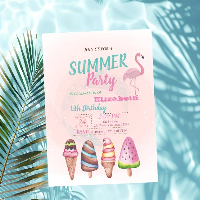 Watercolor Ice cream,Flamingos  Birthday Party Invitation (Creator Uploaded)
