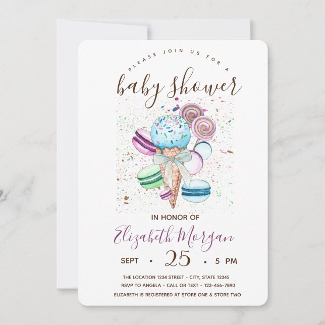 Watercolor Ice cream,Macarons,Stripes Baby Shower  Invitation (Front)