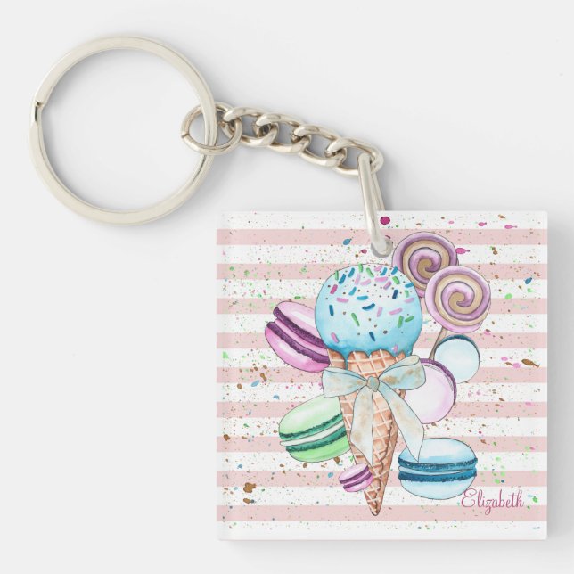 Watercolor Ice cream,Macaroons,Pink Stripes Key Ring (Front)