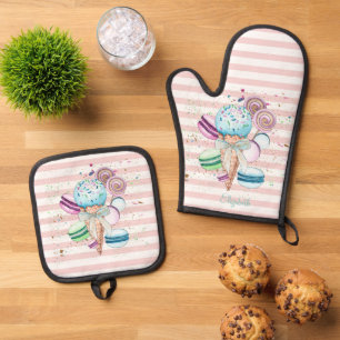 Watercolor Ice cream,Macaroons,Pink Stripes Oven Mitt & Pot Holder Set