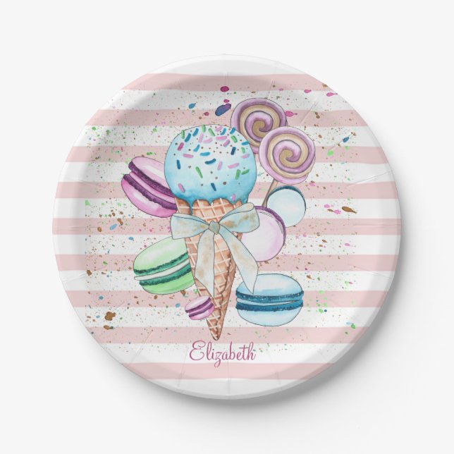 Watercolor Ice cream,Macaroons,Pink Stripes Paper Plate (Front)