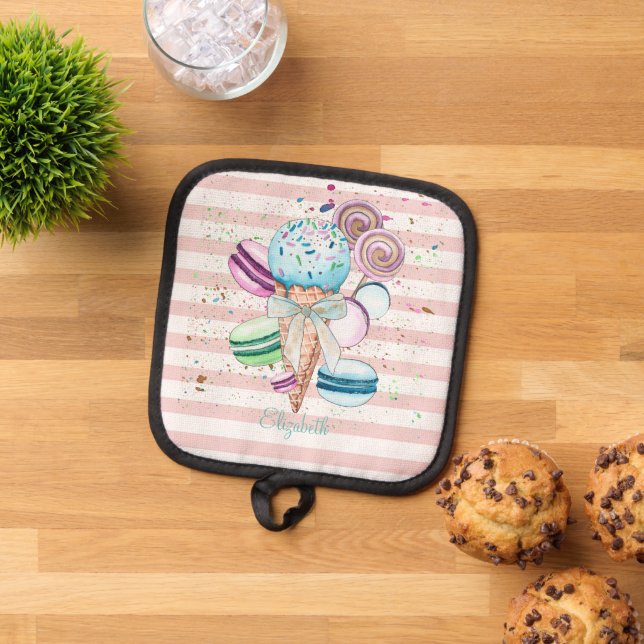 Watercolor Ice cream,Macaroons,Pink Stripes  Pot Holder (Top Down)
