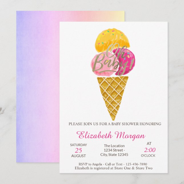 Watercolor Ice cream Oh Baby Summer Baby Shower  Invitation (Front/Back)