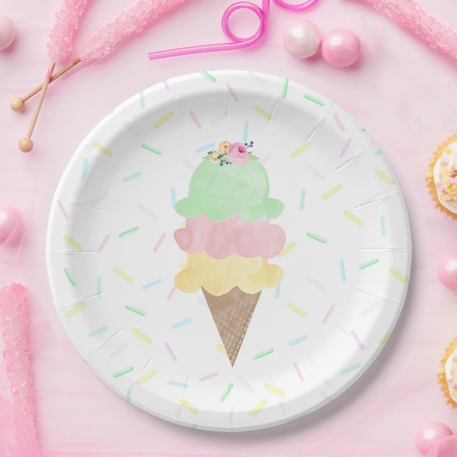 Watercolor Ice Cream Paper Plate (Watercolor Ice Cream Sprinkle Paper Plates for Bridal Shower, Birthday or Baby Shower Party)