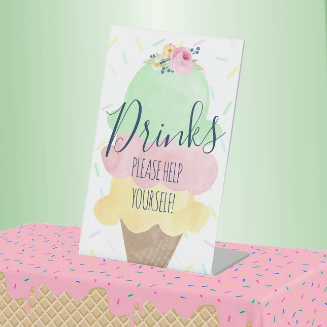 Watercolor Ice Cream Party Drinks Menu Pedestal Sign (Drinks Watercolor Ice Cream Bridal Shower Pedestal Table Sign)