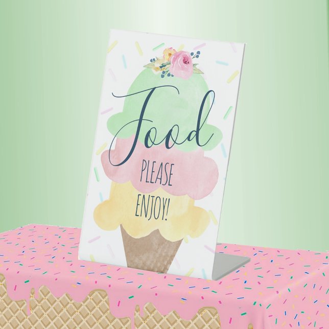 Watercolor Ice Cream Party Food Menu Pedestal Sign (Food Watercolor Ice Cream Bridal Shower or Baby Shower Pedestal Table Sign)
