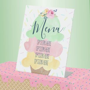 Watercolor Ice Cream Party Menu Pedestal Sign