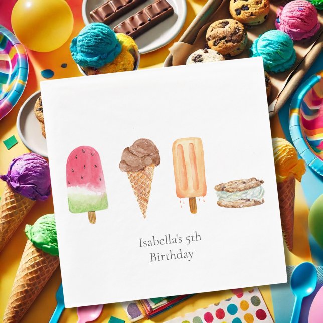 Watercolor Ice Cream & Popsicles Birthday Party Napkin (Creator Uploaded)