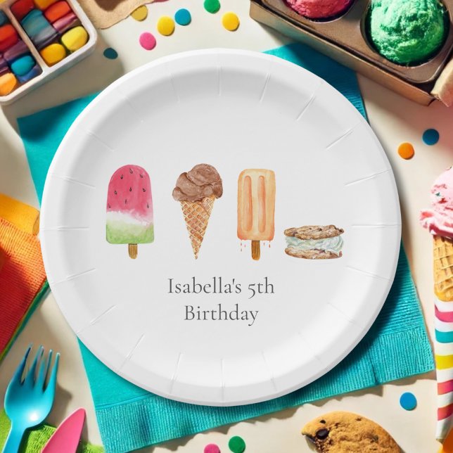 Watercolor Ice Cream & Popsicles Birthday Party Paper Plate (Creator Uploaded)
