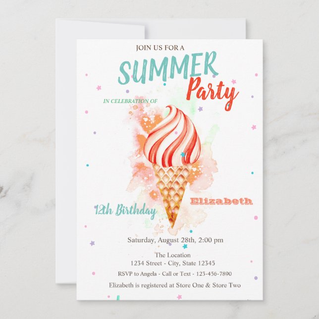 Watercolor Ice cream Stars Birthday Party Invitation (Front)