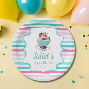 Watercolor Ice Cream Sundae Baby Shower Paper Plate