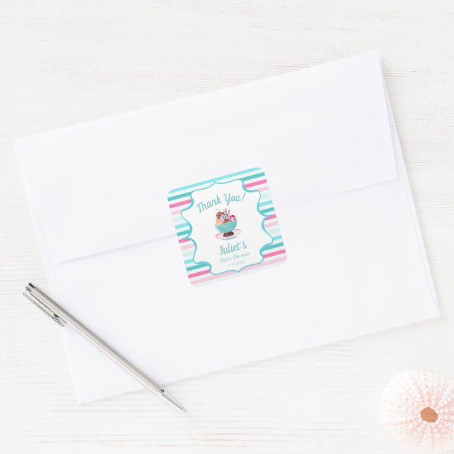 Watercolor Ice Cream Sundae Baby Shower Square Sticker (Envelope)