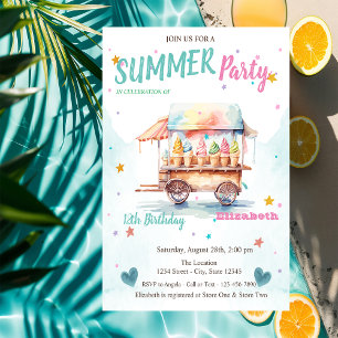Watercolor Ice cream Truck Stars Birthday Invitation