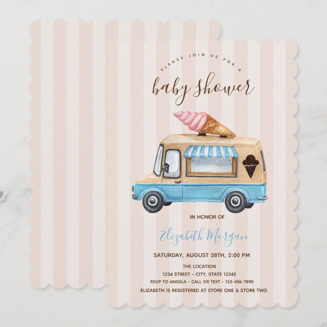 Watercolor Ice Cream Truck Striped Baby Shower  Invitation (Front/Back)