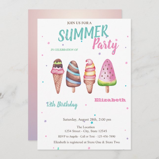 Watercolor Ice creams Summer Birthday Party Invitation (Front/Back)