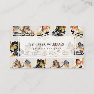 Watercolor Ice Skates with Autumn Leaves Pattern Business Card