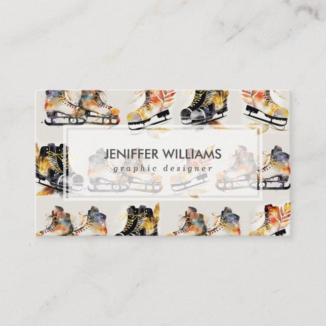 Watercolor Ice Skates with Autumn Leaves Pattern   Business Card (Front)