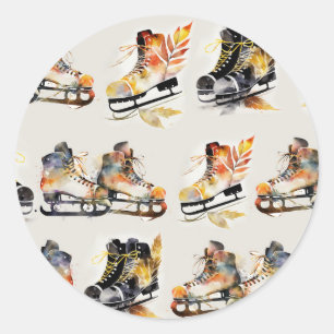Watercolor Ice Skates with Autumn Leaves Pattern Classic Round Sticker