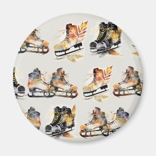 Watercolor Ice Skates with Autumn Leaves Pattern Magnet
